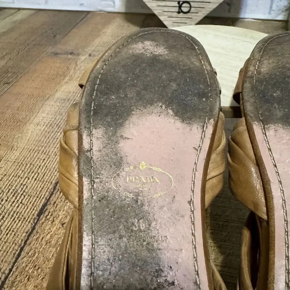 Prada Tan Pleated Leather Caged Flat Sandals Size 38.5